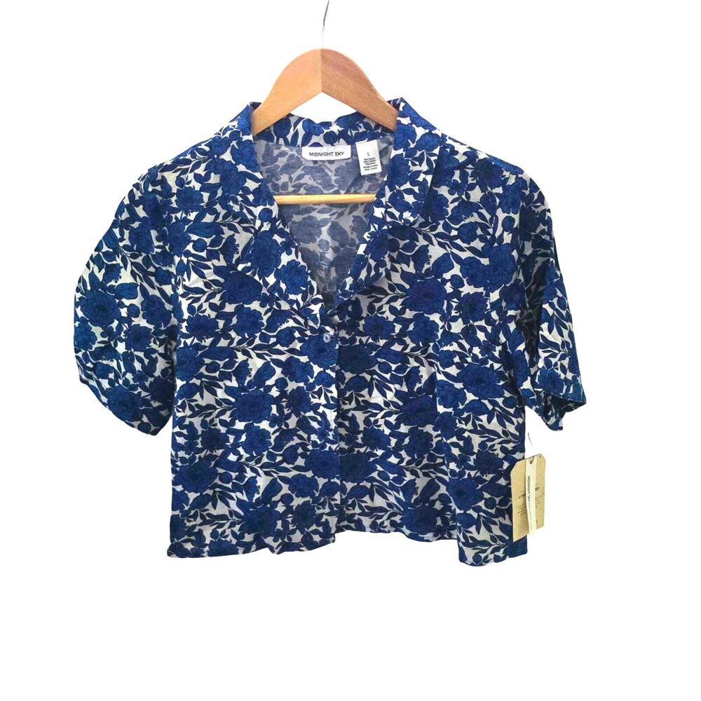 Midnight Sky Women's Short-Sleeve Linen Blue Floral Crop Top Large Button-Up
